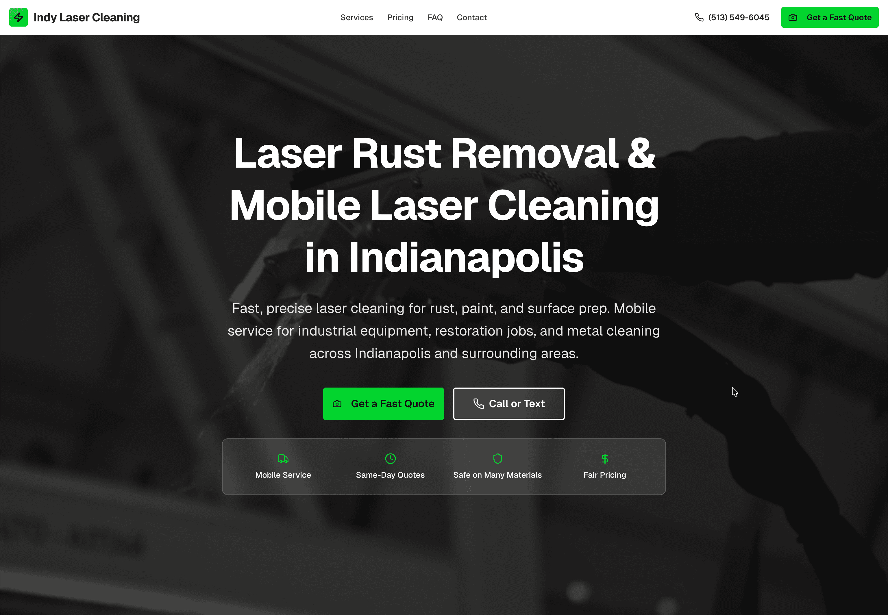 Screenshot of Indy Laser Cleaning, a live Indianapolis service-business website.